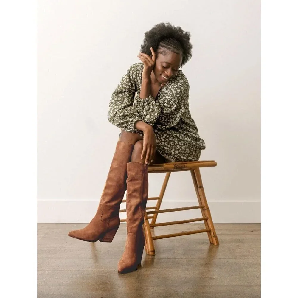 🆕Womens Suede Brown Side Zipper Knee High Pointed Toe Chunky Heel Tall Boots